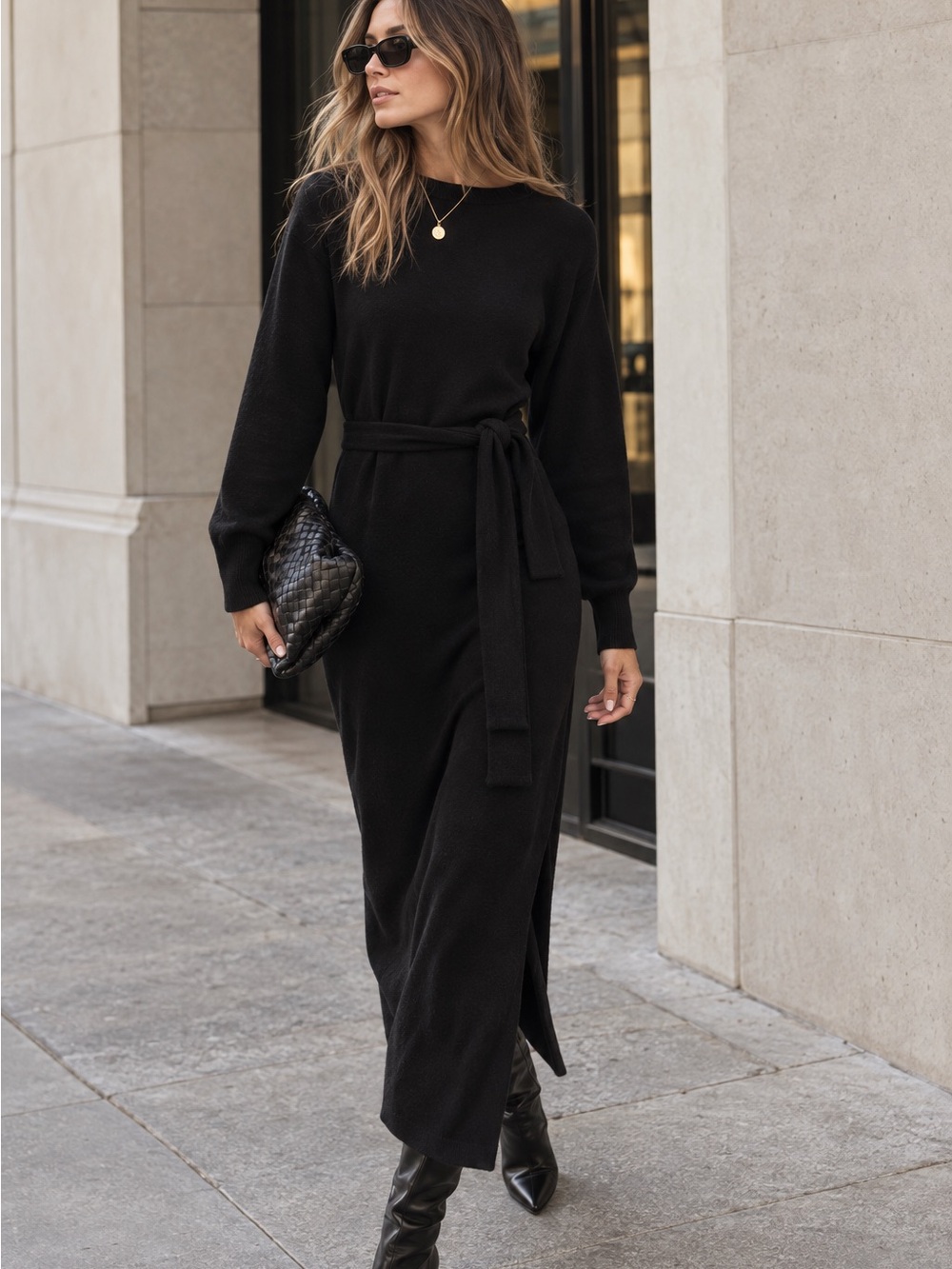 Topshop Belted Knit Midi Dress Black 2